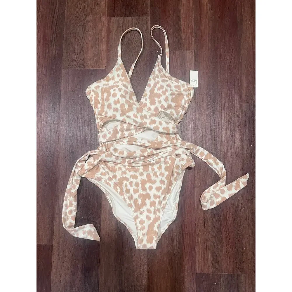 Aerie Leopard Wrap One Piece Swimsuit Full Coverage Animal Print NWT L Long